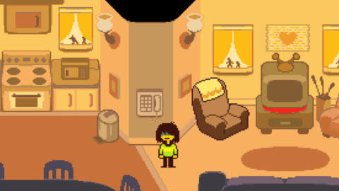 a younger person standing in a yellow colored living room in deltarune