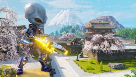 Crypto overlooks a Japanese town in Destroy All Humans! 2 - Reprobed
