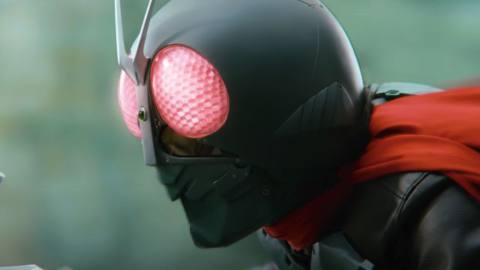 A closeup shot of Kamen Rider from Hideaki Anno’s Shin Kamen Rider