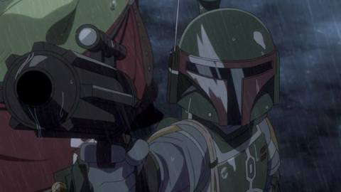 Boba Fett holds up his gun in Star Wars: Visions