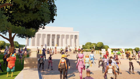 an image of a bunch of fornite characters walking up to a virtual version of the national mall
