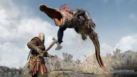 a creature that looks like an alligator attacking kratos from the air
