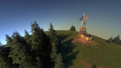A screenshot from Outer Wilds: Echoes of the Eye depicting a radio tower on the surface of the planet Timber Hearth.