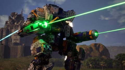 An Orion mech takes aim with two long range lasers.