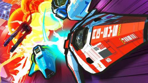Comic book-style artwork from Wipeout Rush, featuring classic hoverships