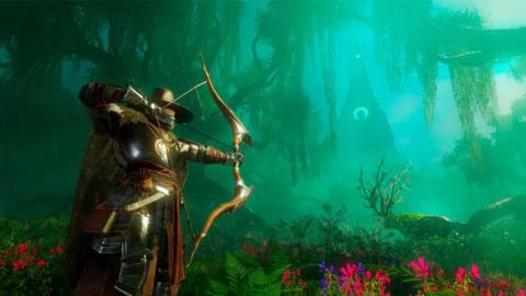 An armored archer aims his bow in a screenshot from Amazon Game Studios’ New World