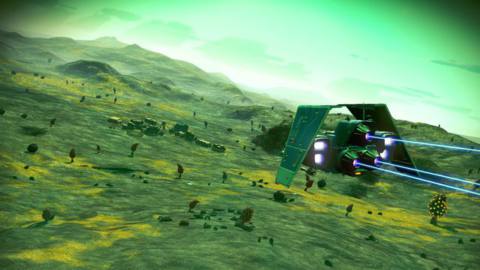 No Man’s Sky - a ship flies above a green, fungal planet, towards a settlement in the distance.