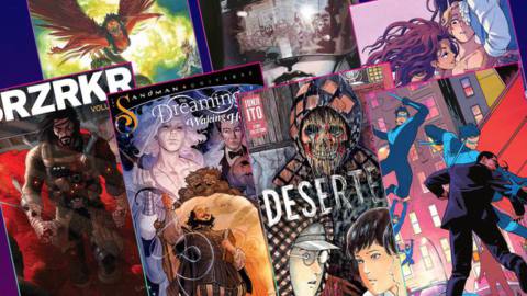 Graphic grid featuring the covers of seven different comic books and graphic novels