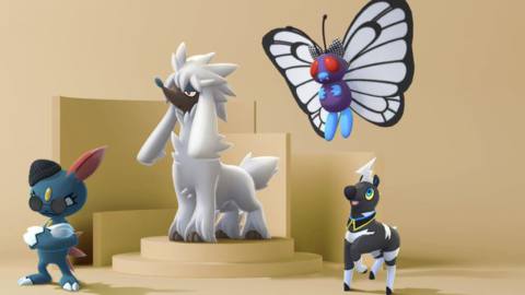 Furfrou, and costumed Sneasel, Butterfree, and Blitzle stand together