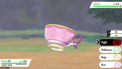 an image of a pink floating tea cup Pokemon, Sinistea, in Pokemon sword and shield 