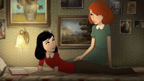 Imaginary friend Kitty comforts diarist Anne Frank in a fantasy moment from the animated film Where Is Anne Frank