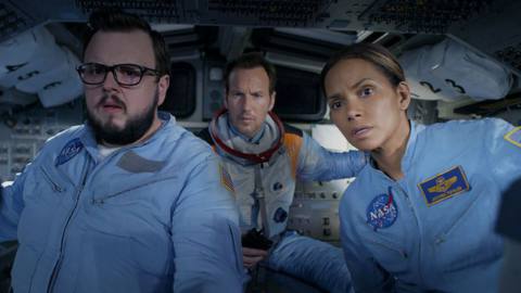 Halle Berry, Patrick Wilson, and John Bradley in space suits in Moonfall