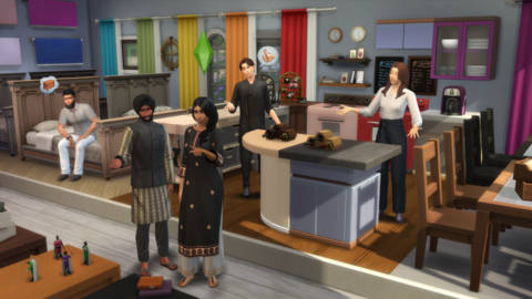 a group of sims in a colorful room with lots of furniture 