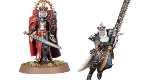 Sisters of Battle Novitiates unveiled at Gen Con 2021. A prioress is dressed in fine robes, while a new member of the Order carries a massive chainsword.