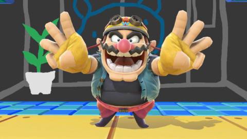 an image of Wario in Super Smash Bros. he’s standing flashing a peace sign but with three fingers up? I don’t know, it’s funny. 
