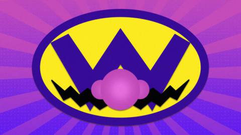 Wario’s Pink nose, black mustache and purple W on a purple pink background
