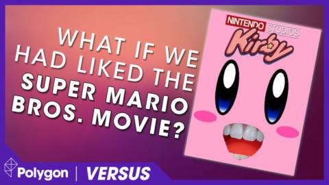 The text “what if we had liked the Super Mario Bros movie” appear on a sunset-colored background. Next to it, there’s a fake movie poster for Kirby, in which Kirby has realistic human teeth. The image has a purple border with the text “VERSUS” in the bottom-left.