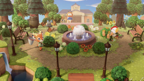 Animal Crossing: New Horizons screenshot of a beautifully terraformed town square with a fountain, benches, and villagers around