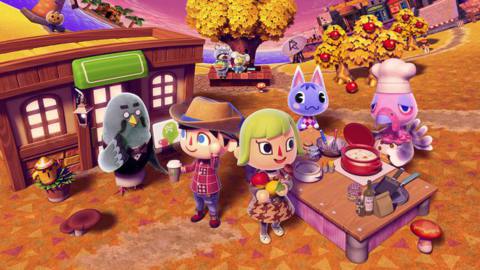 brewster in front of the shop with a bunch of new leaf villagers