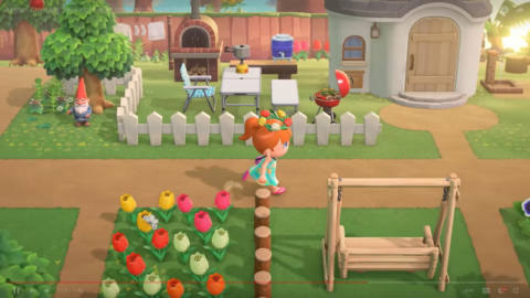 a red haired character running by a white picket fence