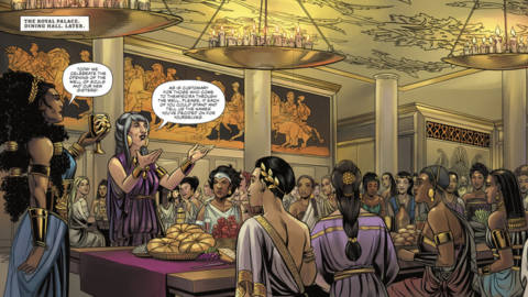 Queen Nubia addresses a banquet welcoming new sisters to the Amazons who came to Themyscira through the Well of Souls. Another Amazon asks the new ones to state their newly chosen names in Nubia &amp; the Amazons #1 (2021).
