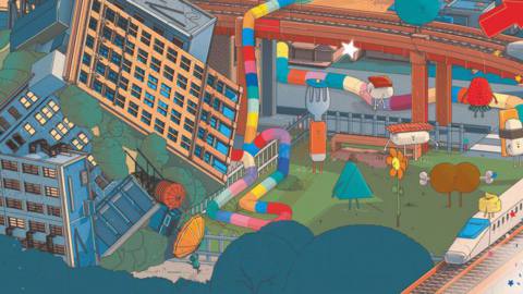 Artwork shows the prince from Katamari Damacy rolling up buildings and trees