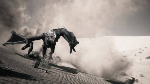 a sepia-toned image of a dragon running through desert sands 