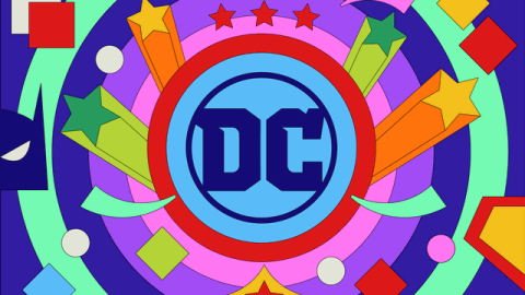 Bright, colorful illustration of DC Comics logo