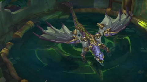 League of Legends - the Chemtech Dragon, a big dragon with augmented metal parts and chemicals strapped to it, roars in its pit.