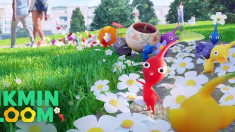 a bunch of pikmin stand on a sidewalk filled with flowers. there’s title text that reads: Pikmin Bloom