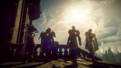 Four heroes look out upon a clouded city in a screenshot for Babylon’s Fall