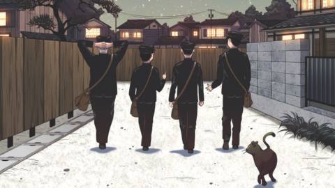 A detail from the cover of Algonquin Books’ 2021 translation of Genzaburo Yoshino’s novel How Do You Live?, with four Japanese schoolboys walking together on an outdoor passage between residential homes, with a cat in the foreground