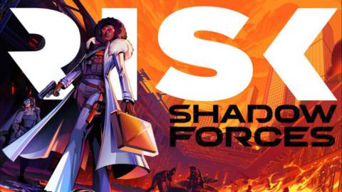 Risk Shadow Forces cover art, showing a slim black woman with a briefcase walking out of an explosion.
