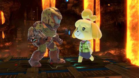 Doom Slayer and Isabelle hang out in a screenshot from Super Smash Bros. Ultimate