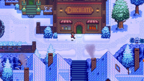 a character running in front of a chocolate factory
