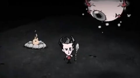 Don’t Starve screenshot, Wilson is spooked by the appearance of Eye of Cthulhu from Terraria