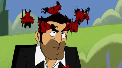 A cartoon version of Tom Ellis as Lucifer Morningstar in the Lucifer episode “Yabba Dabba Do Me” has little red cartoon devils circling his head