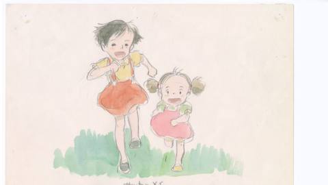 An imageboard from My Neighbor Totoro, which looks like a sketch of the sisters running towards the viewer