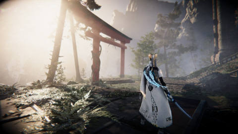 a warrior with a white coat and glowing blue sword stands in forest ruins as the sun rises