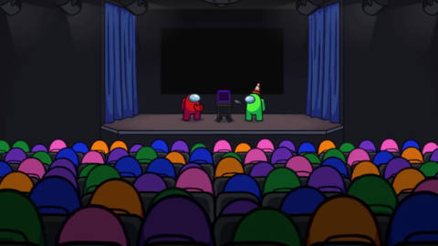 Among Us - a bunch of bean-shaped spaceship crewmates crowd into an auditorium