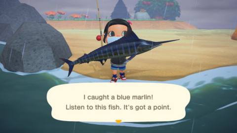 An Animal Crossing character holding a Blue Marlin