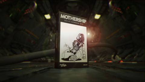 A black and white image of a dead astronaut, his chest exploded, adorns the black and white box of Mothership.