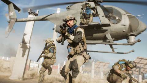 Four soldiers exit a helicopter in a screenshot from Battlefield 2042’s Hazard Zone game mode