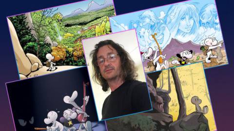 Graphic grid featuring a portrait of the comic book artist Jeff Smith surrounded by four examples of his work