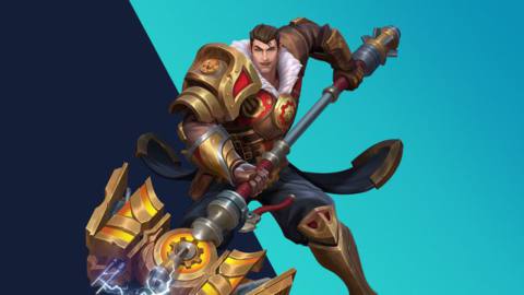 League of Legends - Wild Rift: Jayce, a muscular young man in a heavy coat and armor, wielding an elaborate mechanical hammer cannon.