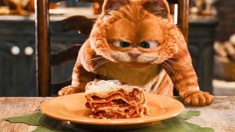 Garfield about to chow down on some delicious lasagna
