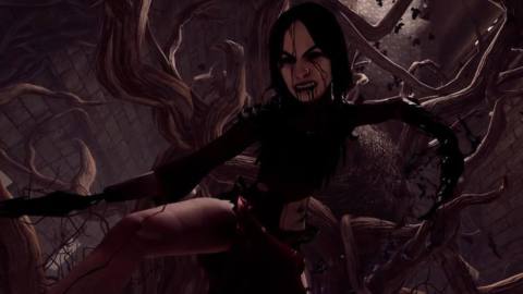 Dead by Daylight - The Artist, a killer with a humanoid figure, pale skin, and black blood running from her mouth and eyes, pulls back a severed arm with a goopy, dangerous looking growth.