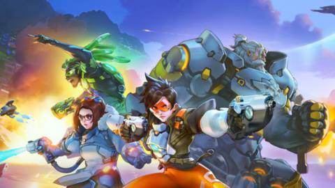 Mei, Lucio, Tracer and Reinhardt fight Omnics in Rio in artwork from Overwatch 2
