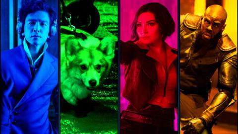 Graphic grid of four brightly colored images from Cowboy Bebop in blue, green, red and yellow
