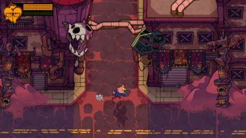 A character runs through an empty street. It’s drawn in a 2D cartoony style and there’s a giant skull ornamenting one of the buildings